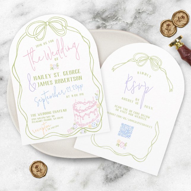 Modern quirky hand drawn bow PASTEL white wedding Invitation (All-in-one quirky modern retro hand drawn written bow cake floral wedding invitation QR code RSVP)