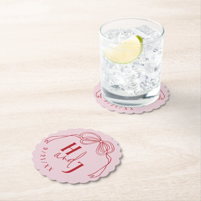 Modern Quirky Hand Drawn Bow PINK & RED Wedding Paper Coaster (Insitu)