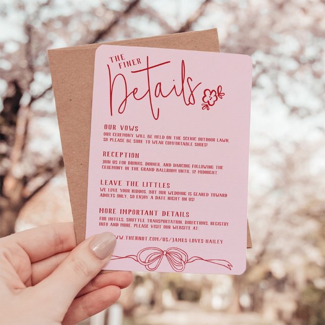 Modern Quirky Hand Drawn Bow PINK Wedding Details Enclosure Card (Unique modern retro hand drawn pink & red bow floral script vintage wedding invitation details card)