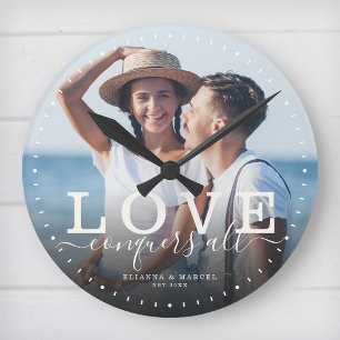 Modern Quote Love Wedding Photo Newlywed Script Round Clock