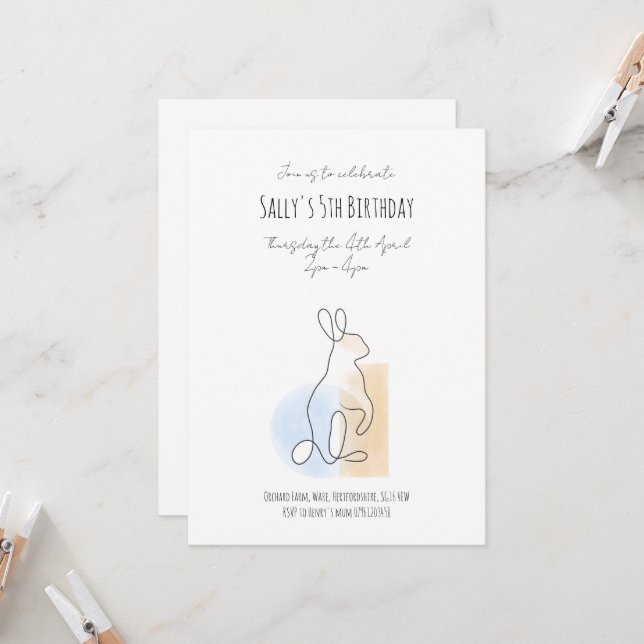 Modern Rabbit line-drawing birthday invitation (Front/Back In Situ)