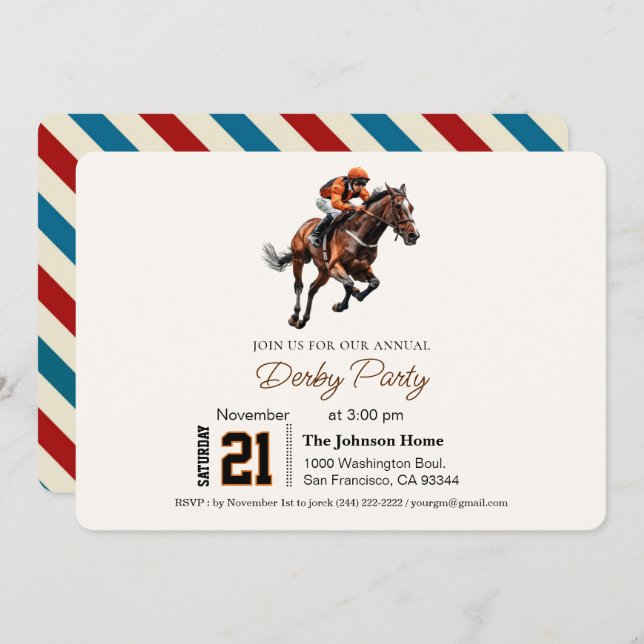 Modern Race Horse Derby Party Equestrian  Invitation (Front/Back)