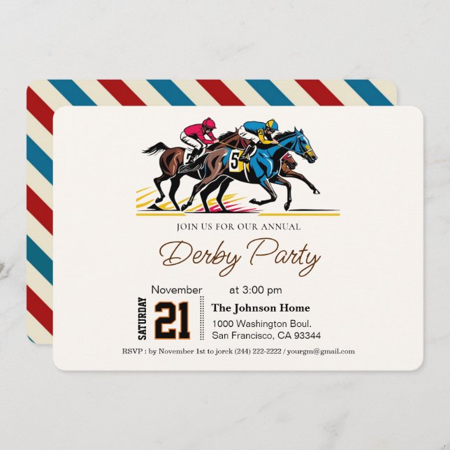 Modern Race Horse Derby Party Equestrian  Invitation (Front/Back)