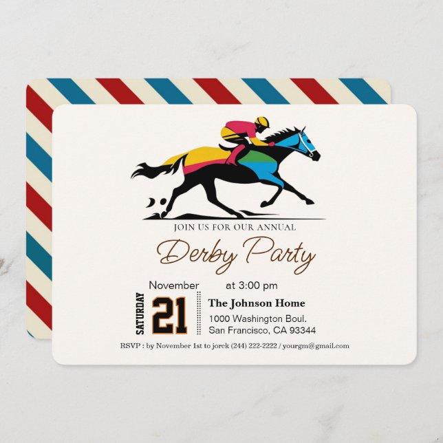 Modern Race Horse Derby Party Equestrian  Invitation (Front/Back)