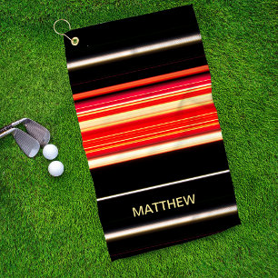 Modern Racing Stripes Red Black Gold Personalised Golf Towel