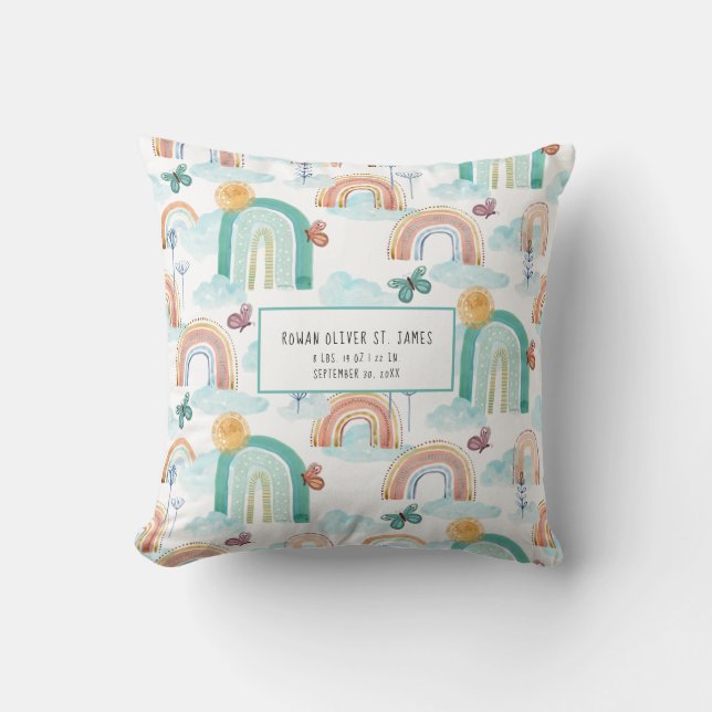 Modern Rainbow BOHO Baby Nursery Birth Stats Name  Cushion (Front)