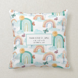 Modern Rainbow BOHO Baby Nursery Birth Stats Name  Cushion
