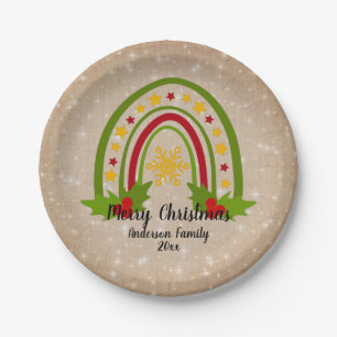 Modern Rainbow Christmas Holly 20xx Year Text 7" Paper Plate