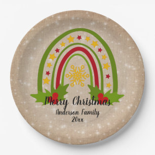Modern Rainbow Christmas Holly 20xx Year Text 9" Paper Plate