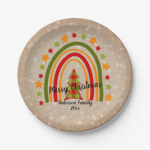 Modern Rainbow Christmas Tartan Tree 20xx Text  7" Paper Plate
