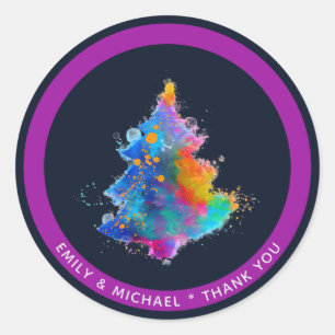 Modern Rainbow Christmas Tree Navy Blue Custom Classic Round Sticker