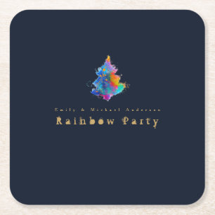 Modern Rainbow Christmas Tree Personalised Party Square Paper Coaster
