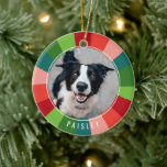 Modern Rainbow Colour Wheel Pet Photo Christmas Ceramic Ornament<br><div class="desc">This fun pet photo Christmas ornament is sure to brighten up your tree this year! It features a colourful, hand painted colour wheel in retro colours of red, orange red, blush pink, teal, crisp green, and lime green. It's easy to personalise and contains a photo template on both the front...</div>