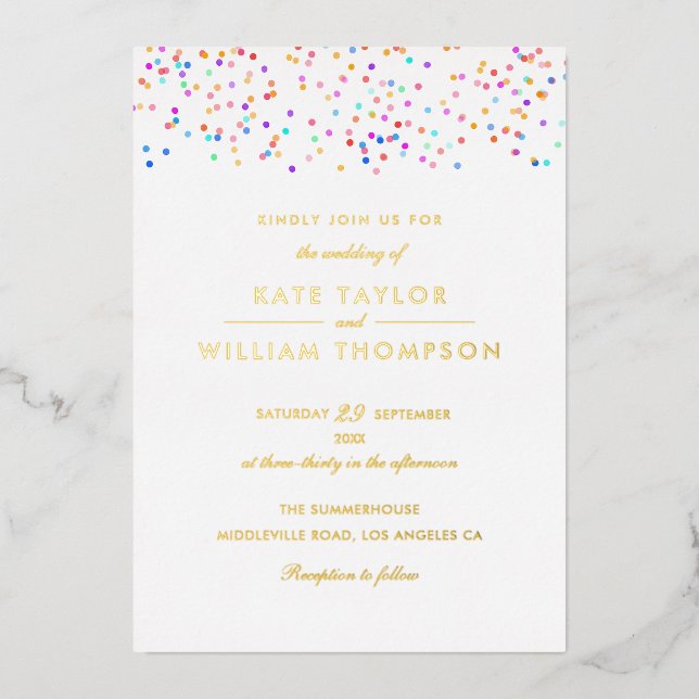 Modern Rainbow Confetti Photo Wedding Gold (Front)