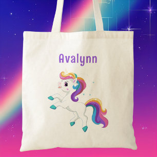 Modern Rainbow Cute Unicorn Girls Kids Tote Bag