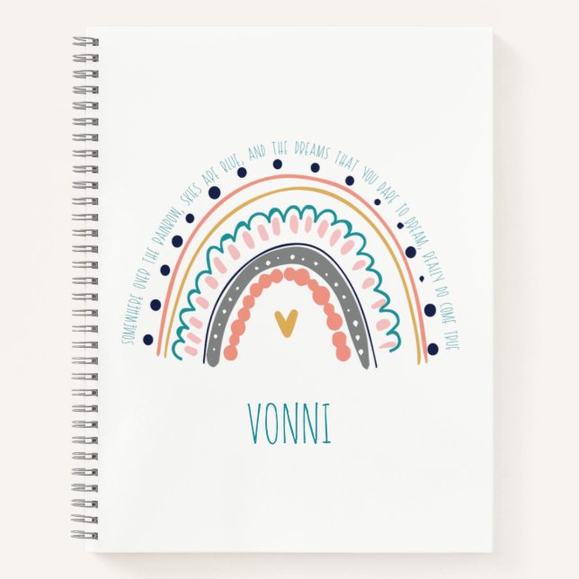 Modern Rainbow Doodle Personalised Name and Quote Notebook (Front)