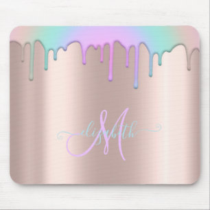 Modern Rainbow Drips Rose Gold Monogram Mouse Pad