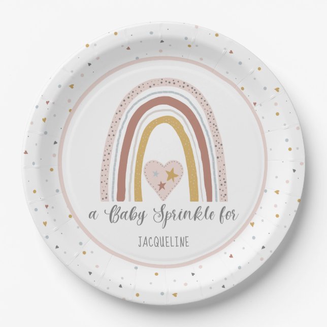 Modern Rainbow Dusty Pink Gold Girl Baby Sprinkle Paper Plate (Front)