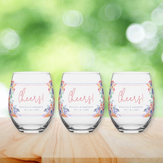 Modern Rainbow Floral LGBTQ Wedding Stemless Wine Glass (Creator Uploaded)