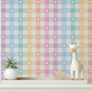 Modern Rainbow Gingham Cute Girly Heart Pattern Wallpaper