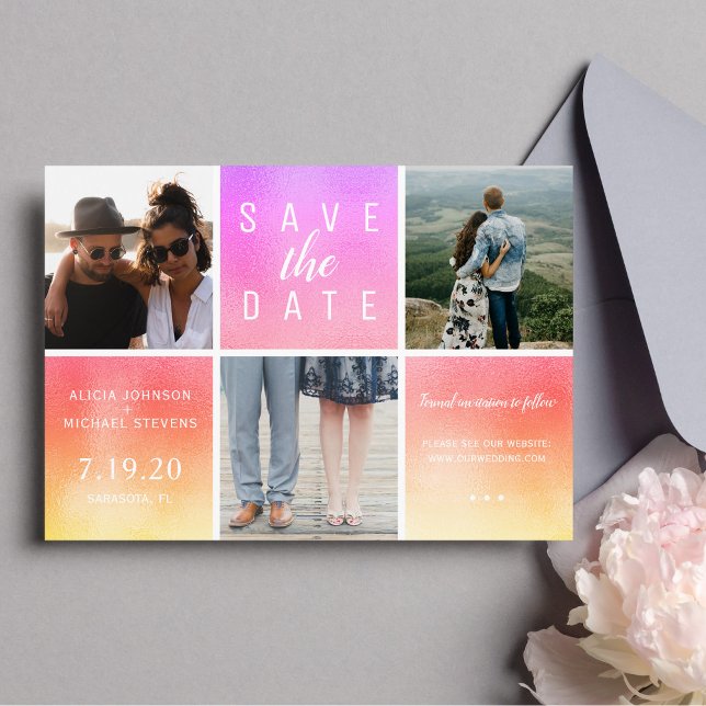 Modern rainbow glitter 3 photo collage wedding save the date (Creator Uploaded)