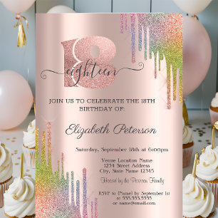 Modern Rainbow Glitter Drips 18th Birthday   Invitation