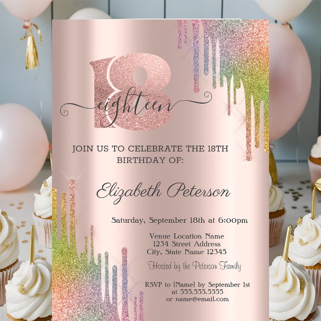 Modern Rainbow Glitter Drips 18th Birthday   Invitation (Creator Uploaded)