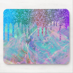 Modern Rainbow Glitter Drips Opal Mouse Pad