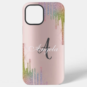 Modern Rainbow Glitter Drips Rose Gold,Monogram iPhone 12 Pro Max Case