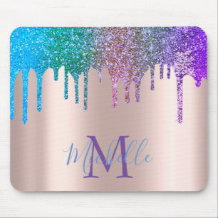 Modern Rainbow Glitter Drips Rose Gold Monogram Mouse Pad