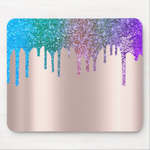 Modern Rainbow Glitter Drips Rose Gold Mouse Pad