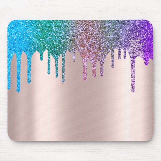 Modern Rainbow Glitter Drips Rose Gold Mouse Pad (Front)