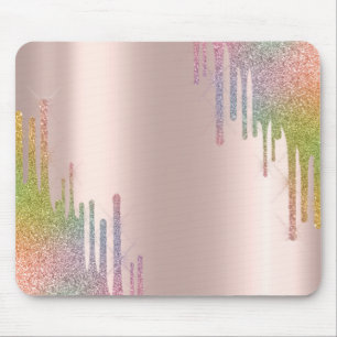 Modern Rainbow Glitter Drips Rose Gold Mouse Pad