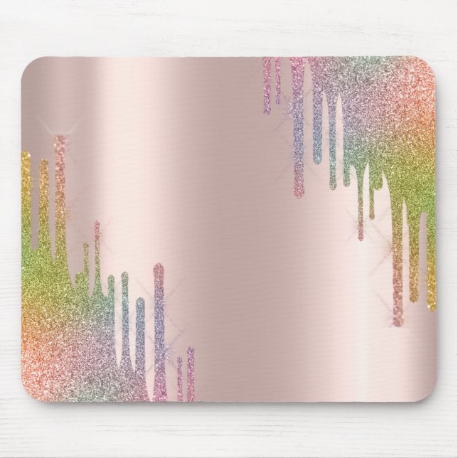 Modern Rainbow Glitter Drips Rose Gold  Mouse Pad (Front)