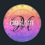 Modern rainbow glitter monogram name dart board<br><div class="desc">Modern rainbow glitter dart board with a white typography name and black monogram. Personalise with name and initial.</div>