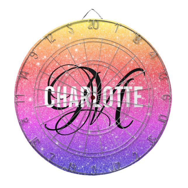 Modern rainbow glitter monogram name dart board (Front)