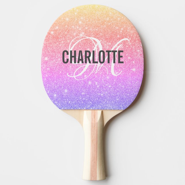 Modern rainbow glitter monogram name   ping pong paddle (Front)