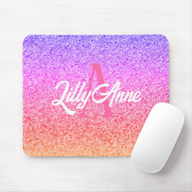 Modern Rainbow Glitter Personalised Monogram Mouse Pad (With Mouse)
