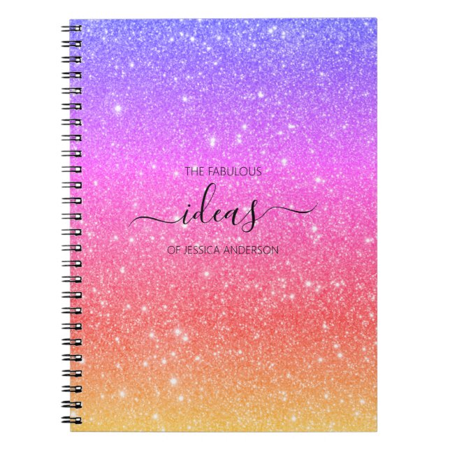 Modern rainbow glitter script name  notebook (Front)