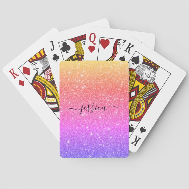 Modern rainbow glitter script name  playing cards (Back)