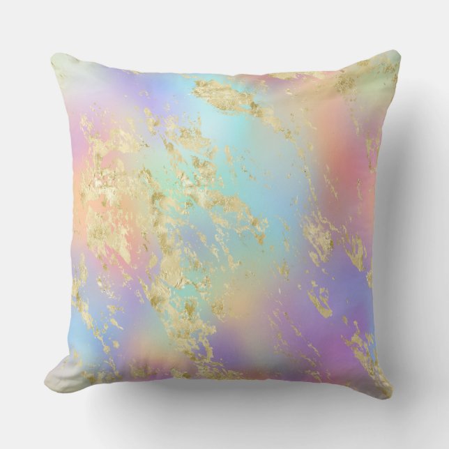 Modern Rainbow Gradient and Gold Marble Pattern Cushion (Front)