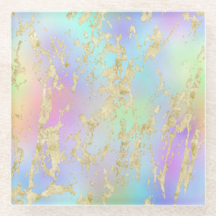 Modern Rainbow Gradient and Gold Marble Pattern Glass Coaster