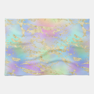 Modern Rainbow Gradient and Gold Marble Pattern Tea Towel