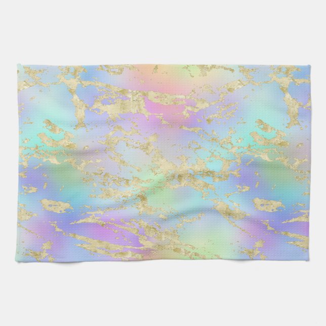 Modern Rainbow Gradient and Gold Marble Pattern Tea Towel (Horizontal)