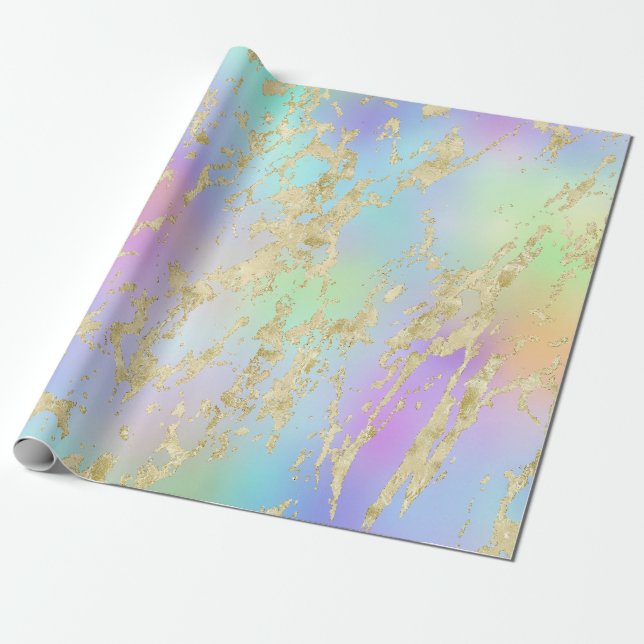 Modern Rainbow Gradient and Gold Marble Pattern Wrapping Paper (Unrolled)