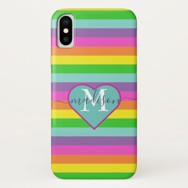  Modern Rainbow Heart Script Name Monogram  Case-Mate iPhone Case (Back)