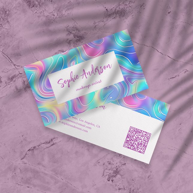 Modern Rainbow Holographic Makeup Artist & Qr Code Business Card (Creator Uploaded)