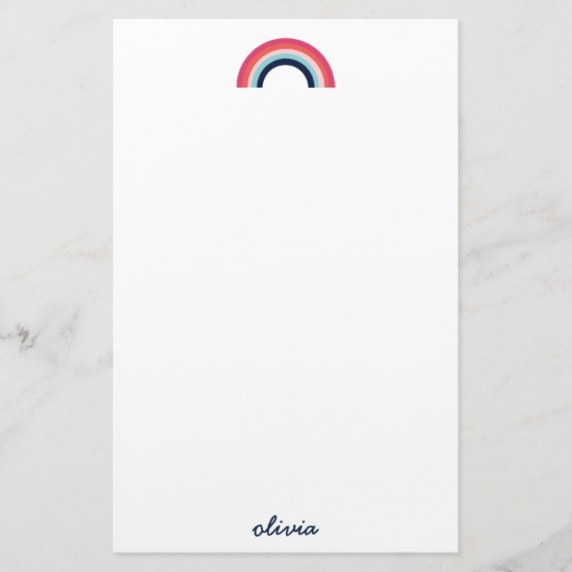 Modern Rainbow in Blue Script Name Stationery (Front)