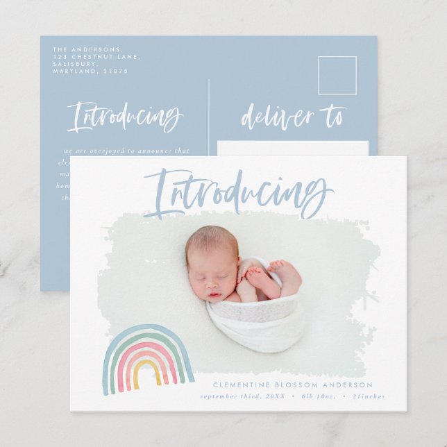 Modern rainbow introducing photo birth announcement postcard (Front/Back)