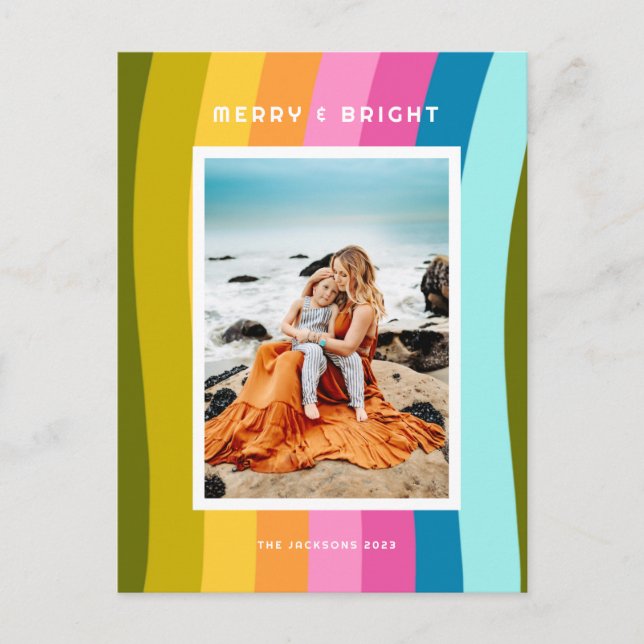 Modern Rainbow Merry and Bright Vertical Holiday Postcard (Front)